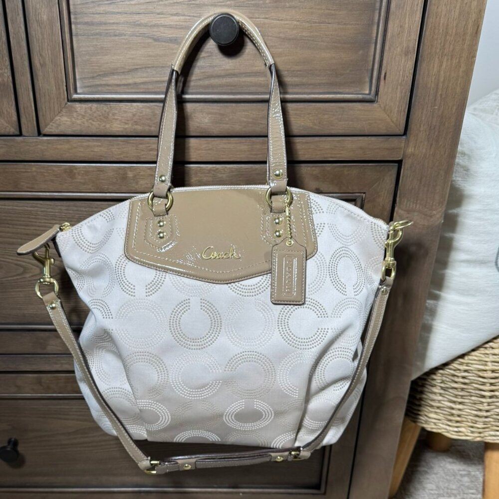 Coach Ashley Dotted Op Art Satchel — Khaki/Taupe & Cream NWT